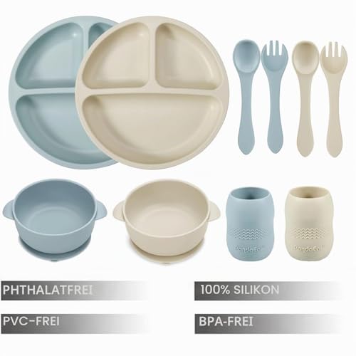 PandaEar Silikon Baby Geschirrset mit Saugnapf, 2 Unterteilt Kinderteller + 2 Saugnäpfe Baby Breischale + 2 Baby Trinkbecher mit 2 Babylöffel 2 Gabel, Kindergeschirr Set, Baby Essen Set Zubehör