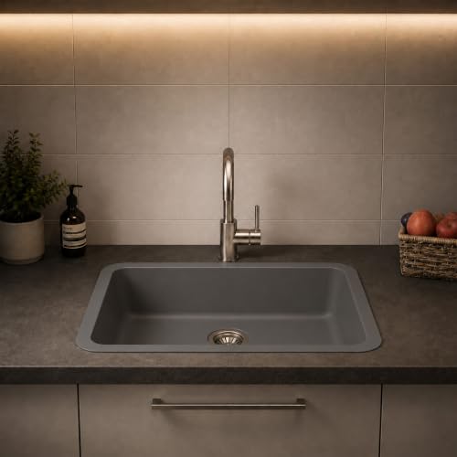 Image of Carysil Q 320 GRANDE Quartz Kitchen Sink 24 x 18 x 8 inches, Single Bowl, 80% Quartz & 20% Resin, Heat Resistant 300C, 50kg Load, Scratch & Stain Resistant, Granite Sink, 304 SS Coupling - Arena