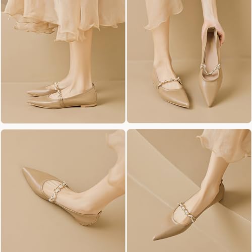 Women's Leather Mary Jane Flats Shoes with Pearl Strap Fashion Closed Pointed Toe Shallow Mouth Slip On Soft Sole Bridal Shoes Luxury Business Wedding Dress Shoes 5