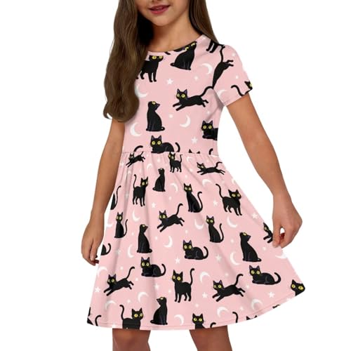 Image of Girls Dress with Pockets Basic Short Sleeve High Waist Swing Skater Dress School Party Dress for Kids