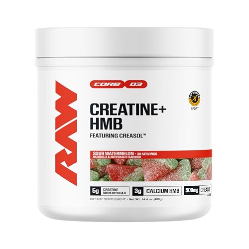 RAW Creatine Plus HMB Sour Watermelon Creatine HMB Powder - Creatine Monohydrate Powder with 3G HMB Taurine & No Added Sugar - Muscle Mass Growth Strength Building & Enhanced Energy 30 Servings