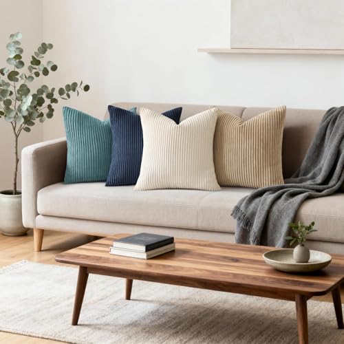 Image of Mecatny Corduroy Decorative Throw Pillow Covers 18x18 Set of 2 for Sofa Living Room, Soft Neutral Boho Couch Pillow Covers for Home Decor, Teal