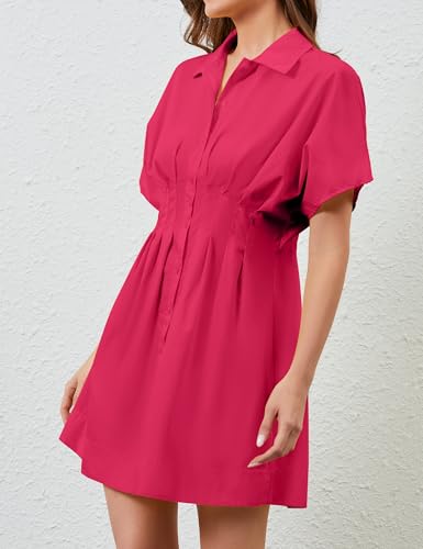 Image of Women Summer Short Sleeve Button Front Pleated Shirt Dress Striped Collar V Neck Casual Y2k Swing Short Mini Dress