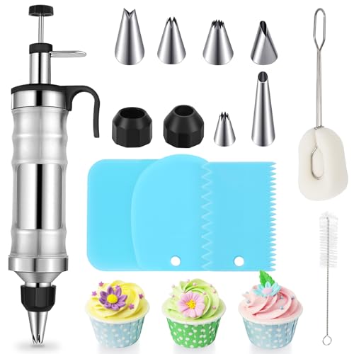 Vilike Cake Decorating Kit, Stainless Steel Icing Piping Kit with 6 Nozzles & 3 Scrapers for Cupcake, Dessert, Portable Frosted Piping Nozzles Set for Beginners & Lovers(Black)