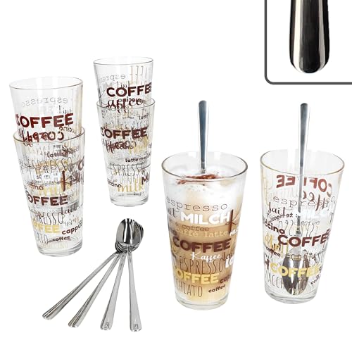 MamboCat Candy Latte Macchiato Gläser 300ml mit Style Art Latte Macchiato Löffel L19cm I 6 Personen I 6x stapelbare Gläser mit Schrift Dekor & 6x lange Löffel aus 18/10 Edelstahl