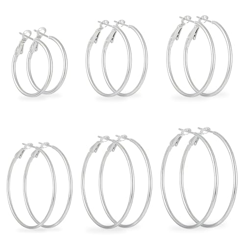YUFFQOPC 6 Paar Nickelfreie Ohrringe Silber, Große Creolen aus 316L Edelstahl Leichte Lilberne Hypoallergen dünne Silberne Creolen für Damen 25/30/40/50/60/70mm