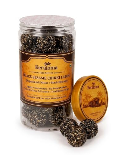 Image of Keraloma Premium Black Sesame Chikki Ladoo 350g (Karutha Ellunda) | Til Gud Ladoo | Jaggery Laddu | Traditional Healthy Indian Sweet Snack | Rich in Calcium & Iron | Source of Plant-Based Protein | Naturally Sweetened with Jaggery | No Preservatives or Added Colours | Handmade Traditional Recipe | Reusable PET Jar for Prestige Gifting