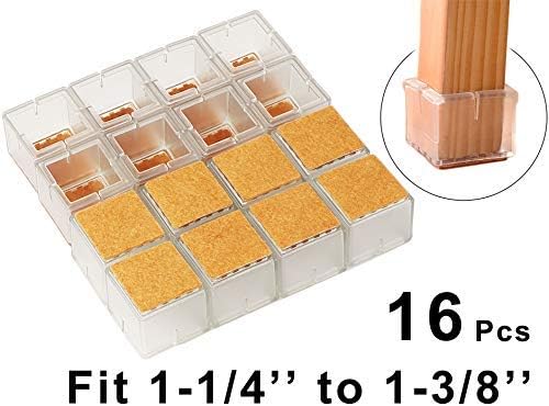 Chair Leg Hardwood Floor Protectors with Felt Mat Furniture Table Leg Glides Feet Caps Fit Square Length 1-1/4 to 1-3/8 Inch (3.2-3.6cm) 16 Pack