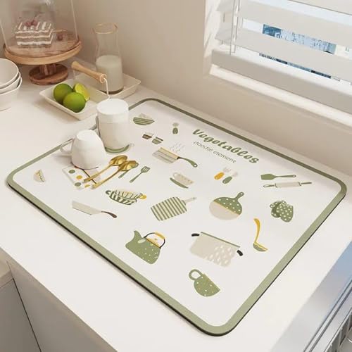Image of DRAKIO Dish Drying Mat for Kitchen Counter | Absorbent Rectangular Countertop Drying Pad with Printed Utensil Design | Non-Slip Surface Mat for Dishes, Cups & Kitchen Accessories