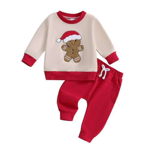 Xeadoffubio Ensemble de vêtements de Noël pour bébé garçon - 2 pièces - Manches longues - Col rond - Bonhomme en pain d'épice - Cerf - Père Noël brodé - Sweatshirt + pantalon élastique, rouge-a, 6-12