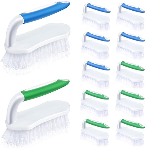 Lallisa 12 Pcs Scrub Brush for Cleaning Comfortable to Grip Heavy-Duty Brushes Bulk with Handle Flexible Stiff Bristles Scrubber Brush for Shower Carpet Kitchen Floor Tiles (Blue,Green)