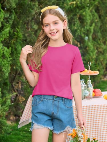 Image of Haloumoning Girls Summer Short Sleeve Shirt Kids Crewneck Curve Hem Soft Tunic Tops T-Shirts 5-14 Years