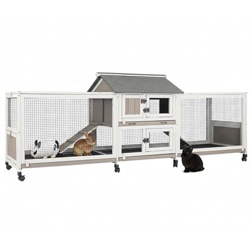 PetsCosset Outdoor Wooden Rabbit Hutch with Double Runs,Waterproof Asphalt Roof Bunny Cage with Raised Floor, Easy-Clean Design Pull Out Tray, Secure