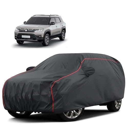 Image of Sulfar 100% Water Resistant Car Body Cover Compatible with Mirror for Maruti Suzuki Breeza (Triple Stitched, Full Bottom Elastic, Dark Grey Tafetta with Red Piping)