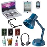 12Pcs Dollhouse Miniature Laptop Computer Tablet Phone Lamp Book Glasses Coffee Headset Simulation Accessories 1/12 1/6 Toy Pad Play Set Fits Barbie Doll Girl Mini Drink Party Office (Bule)