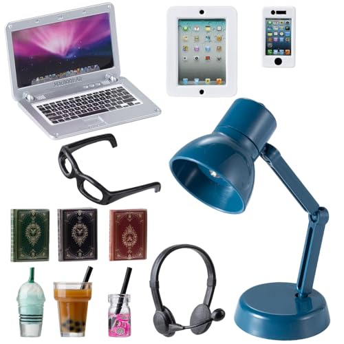 12Pcs Dollhouse Miniature Laptop Computer Tablet Phone Lamp Book Glasses Coffee Headset Simulation Accessories 1/12 1/6 Toy Pad Play Set Fits Barbie...