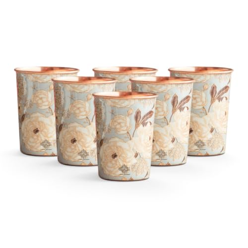 Image of INDIAN ART VILLA Copper Gold Print Design Glass, 275 ML, Copper Ayurvedic Drinkware for Daily Water Drinking, Elegant Floral Printed Tumbler for Home, Office, Kitchen & Gifting, Set of 6