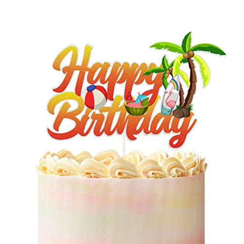 Summer Beach Coconut Happy Birthday Cake Topper,Red Glitter Summer Pool Swimming Surfing Party Decoration, Summer Holiday Birthday Party Supplies. #TOP19