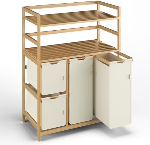 iEGrow Wäschesammler 4 Fächer 150L, Wäschekorb 4 Fächer 2 Regale, Bambus Wäschewagen mit Ablage für Schmutzwäsche, Push-Pull Wäschesack aus Oxford-Gewebe, 2 x 50 L, 2 x 25L Wäscheb