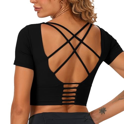 Neteson Tee Shirt Sport Femme Été T-Shirts Tops à Manches Courtes Croisé Crop Top Sport Haut pour Fitness Yoga Gym Running Pilates