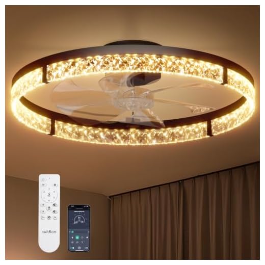 addlon Ceiling Fans with Lights and Remote, 24'' Low Profile Flush Mount Ceiling Fan, 3000–6000K Dimmable LED Fandelier, Bladeless Crystal Fan Light for Bedroom, Kitchen, Living Room, Black