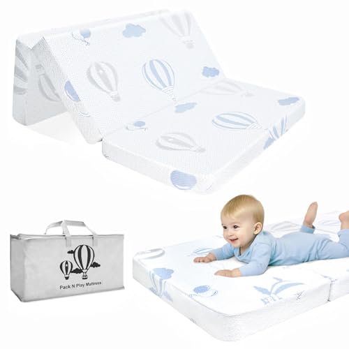 Image of Vomiliku Trifold Pack and Play Mattress Pad, 38"x 26" Dual-Sided Memory Foam Pack N Play Mattress for Playard, Soft Breathable Balloon Printed Mattresses for Baby Toddlers