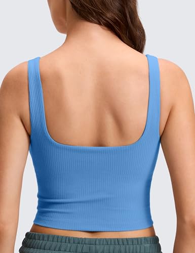 Image of CRZ YOGA Ribbed Henley Crop Tank Tops | Medium Support, Removable Pads, Casual, Square Back, Wide Straps, Longline Sports Bras for Women