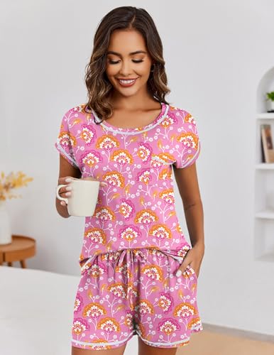 Image of Ekouaer Womens Pajama Sets 2 Piece Soft Short Sleeve Top and Shorts Sleepwear Round Neck Pjs Lounge Set with Pockets