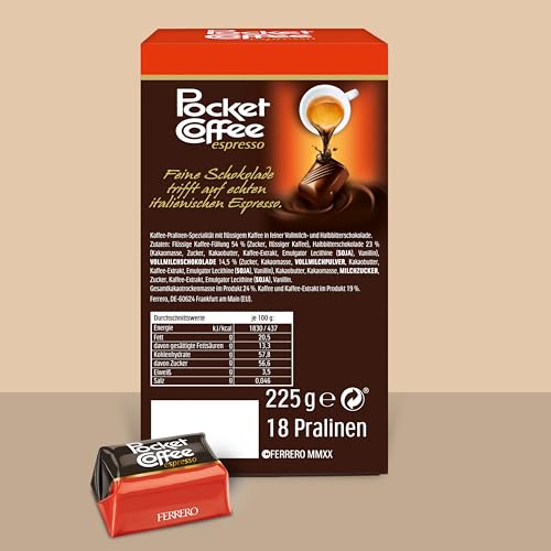 Pocket Coffee Espresso – 3 Packungen à 18 Pralinen (3 x 225g) – Schokolade gefüllt mit Kaffee – Süßigkeiten mit 100% Arabica Espresso – Ideal für unterwegs – Ein süßer Genuss mit Koffein
