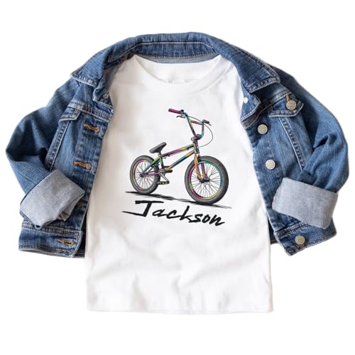 Personalized Multi-Colored BMX Bike Kids Shirt - Custom Kids Name Race BMXer Birthday Outfit For Boys & Girls - Natural Toddler Youth Kids Clothing2