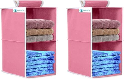 Image of Hanging Closet Organizer for Clothes Storage | Foldable Wardrobe Hanging Storage Rack | Non-Woven Multipurpose Cupboard Organizer for Clothes, Towels & Accessories (Pink, Pack of 2, 2)