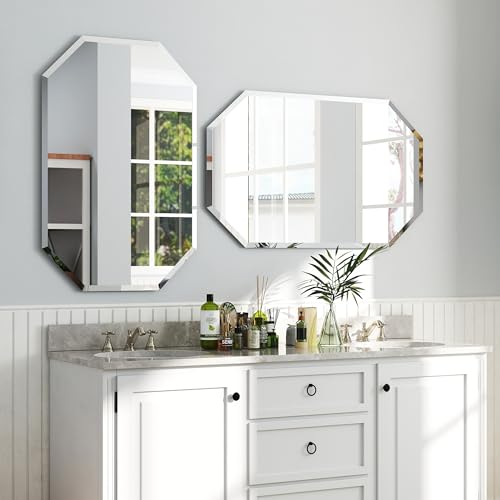 Chende 2PCS Beveled Bathroom Mirror, 20" x 30" Octagon Frameless Wall Mirror with Beveled Edge, Glass Mirror Vertical or Horizontal Hanging - Image 3