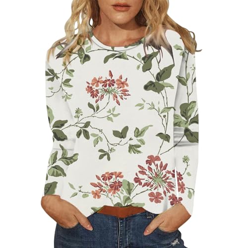 SRTUMEY Women's Spring Fall Sweatshirt Women's Round Neck Long Sleeved Colorful Floral Print Casual Loose Hoodie Without Hat Halloween Fall Sweatshirts