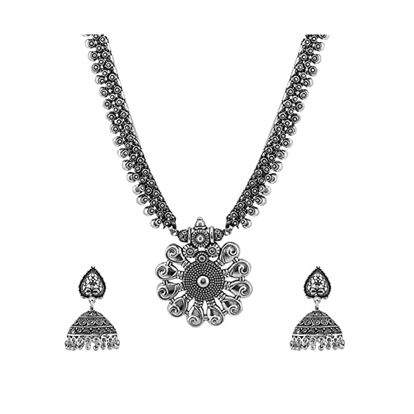 Yellow Chimes Traditional Silver Oxidised Silver Necklace Jewellery Set for Women