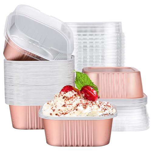 EUSOAR Disposable Ramekins, 50pcs 10oz Rose Gold Creme Brulee Ramekins Disposable Muffin Cups for Baking, Mini Cake Pans with Lids Loaf Bread Containers Cupcake Liners for Party Favor Birthday