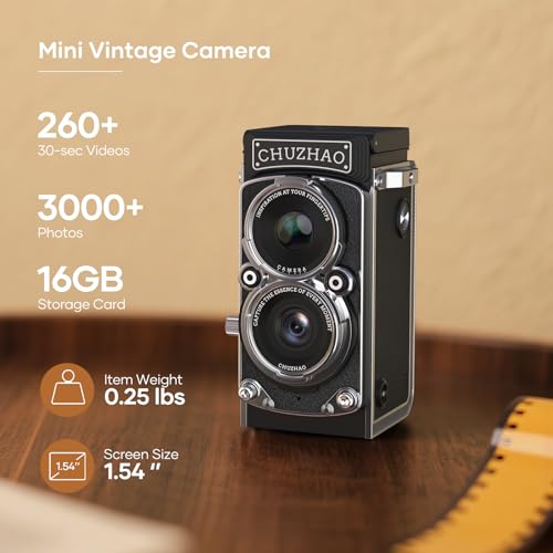 Image of Mini Vintage Digital Camera, Portable Retro Twin-Lens Reflex Style Digital Camera with 16GB Card, 12MP Photos, Autofocus, 1080P FHD Video, 1000mAh Battery and Dual Filters, Perfect for Boys & Girls