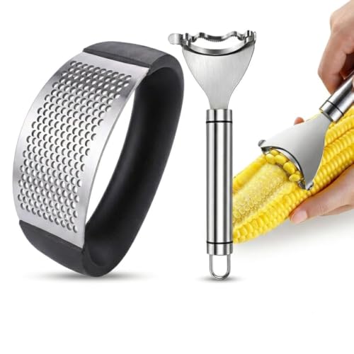 Image of Premium Corn Peeler & Garlic Press Combo Set | Stainless Steel Corn Stripper & Heavy Duty Garlic Crusher | Kitchen Tool Set.