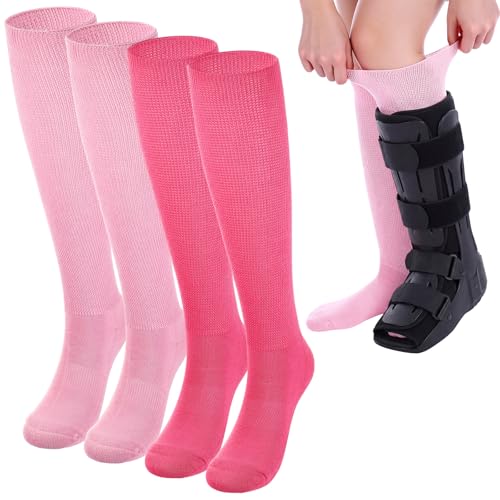 Ramede 2 Pairs Walking Boot Socks for Foot Brace Rayon Bamboo Replacement Knee High Sock for Boot Walker Brace Women Men(Light Pink Dark Pink)
