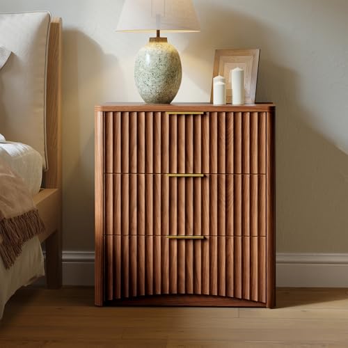 Image of Evermagin Fluted Nightstand Set of 2, Walnut Bedside Table with 3 Drawers, Wood End Table with Storage Mid Century Modern, Large Night Stand for Bedroom