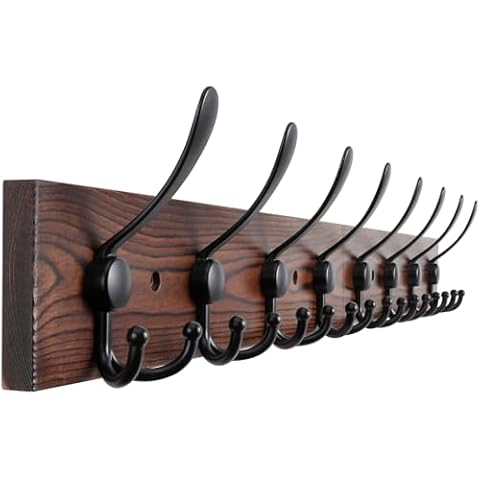 Kuhome 32.2'' Large Coat Rack Wall Mount Coat Hooks Coat Hanger with 8 Metal Black Triple- Hooks Brown Pine Real Wood Plank Hat Rack for Wall Hooks for Hanging Coat Hat Jacket Cover