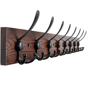 32.2” Large Coat Rack Wall Mount Coat Hooks Coat Hanger with 8 Metal Black Triple- Hooks Brown Pine Real Wood Plank Hat Rack for Wall Hooks for Hanging Coat Hat Jacket