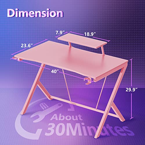 Motpk Pink Gaming Desk 40" With Monitor Shelf Computer Desk Gaming Table Desk For Girls With Cup Holder And Headphone Hook Gamer Workstation Game Table, Gift For Girls Women #TOP2