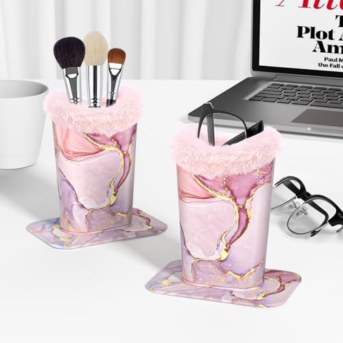 Image of Eyeglasses Holder, Plush Lined PU Leather Pattern Stand Case with Magnetic Base, Unisex for Women Men, Pink Marble