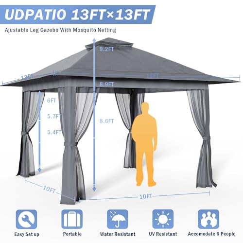 UDPATIO 13'x13' Pop up Gazebo Canopy Tent, Outdoor Patio Waterproof Gazebo with Mosquito Netting for Lawn, Garden, Backyard and Deck, Grey