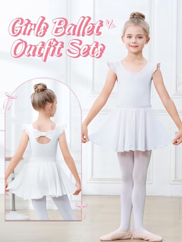 Kefiyis Ballettkleidung Mädchen Rüschenärmel Balette Kleidung Mädchen Baumwolle Ballett Trikot mit Abnehmbarem Rock Ballerina Ballettkleid Tanzkleid für 3-11 Jahre Weiß 140