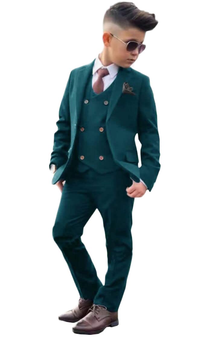 Formal Boy's Suit 3 PC Peak Lapel Flower Boys Tuxedos Blazer Vest Pants for Kids Dresswear Suit Teal 10T