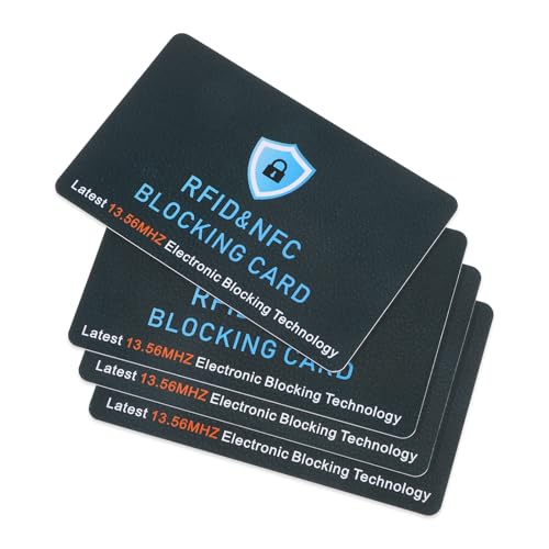 Bewudy Paquete de 4 tarjetas de bloqueo RFID, bloqueador antirrobo, tarjeta de débito sin contacto, tarjeta de crédito, protector de pasaporte, bloqueador electrónico delgado, tarjetas de bloqueo RFID