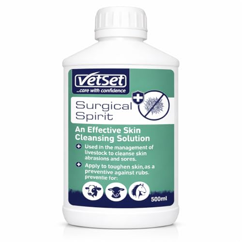 VetSet Surgical Spirit for Horses Cattle & Livestock | Veterinary Skin Cleansing & Toughening Solution | Fast-Drying Antiseptic Care for Wounds Rubs & Chafing (500ml)
