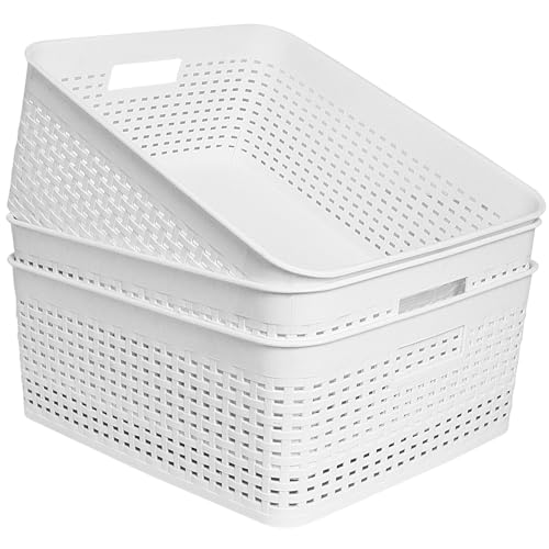 Soddeph Plastic Storage Baskets for Cabinets, Household Pantry Organization with Handle,Organizer Bins for Room,Bathrooms,Under-Sink,Kitchen (White, L-3PACK)