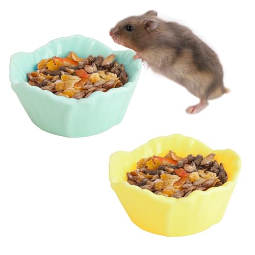 VanEnjoy 2 Pack Ceramic Guinea Pig Food Bowl Cute Flower Hamster Cage Accessories for Chinchilla Hedgehog Yellow and Green Small Animal Water Dish